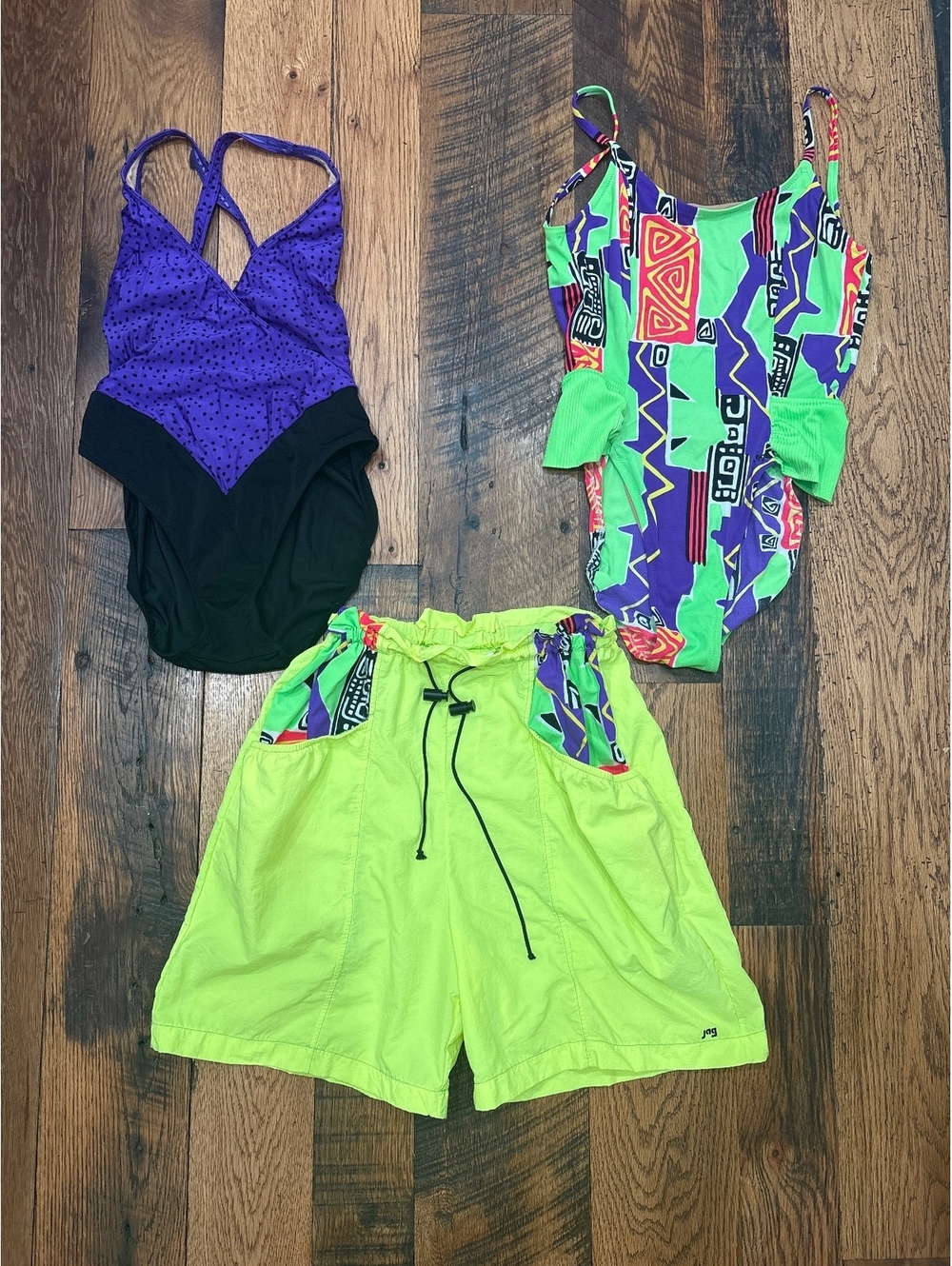 80s jag & LaBlanca swim w matching shorts. 14. Neon festival, rave , neon.